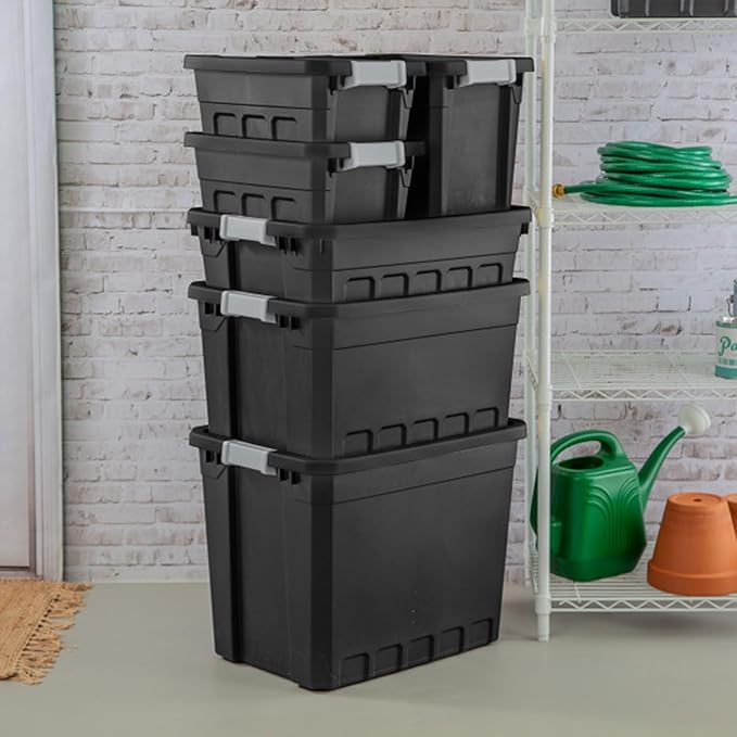 Sterilite 6-Pack 7.5 Gallon Stacker Tote, Rugged Plastic Storage for Home Organization, Black - Stackable Organizer Bins with Recessed Lid & Heavy-Duty Latches for Closet, Basement, Garage and Attic