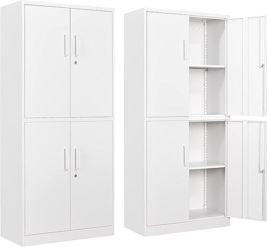 Metal Storage Cabinet with 3 Adjustable Shelves,Garage Storage Cabinet with Lock,White Metal Cabinets with Locking Doors,71" 4 Door Pantry Cabinet,Lockable Cabinets for Home,Office,Garage,Kitchen