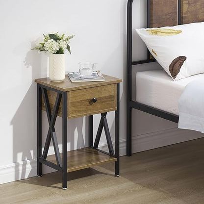 VECELO End Tables, Modern Nightstand with Drawer & Shelf, Night Stand for Bedroom Living Room,Industrial Metal Frame