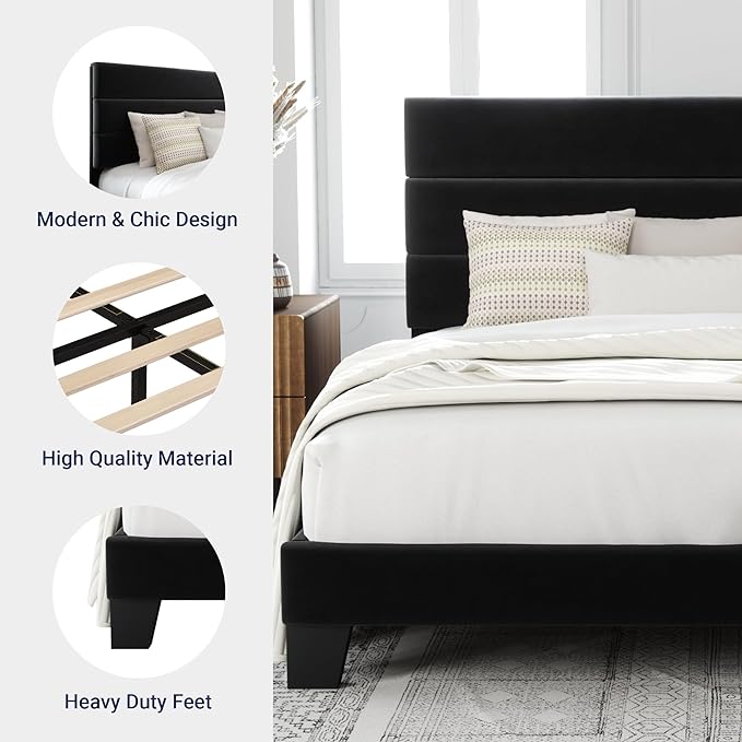 Allewie Full Size Platform Bed Frame with Velvet Upholstered Headboard and Wooden Slats Support, Fully Upholstered Mattress Foundation/No Box Spring Needed/Easy Assembly, Black