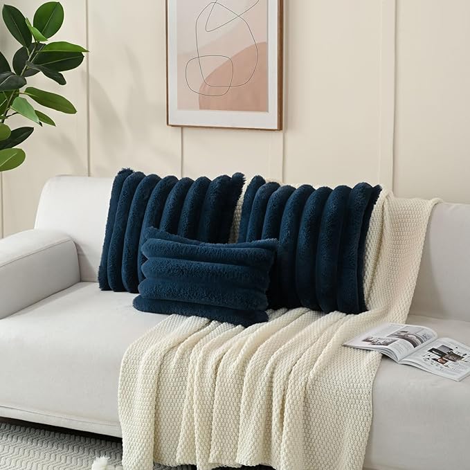 FUTEI Navy Blue Decorative Throw Pillow Covers 16x16 Inch Set of 2, Square Soft Faux Rabbit Fur Thick Striped Cushion Cover,Winter Home Decor for Couch Bed Living Room