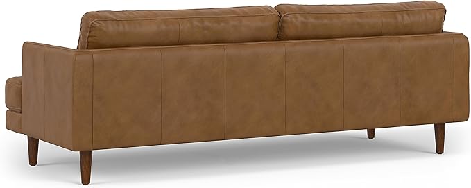 SIMPLIHOME Livingston 90-inch Wide Sofa in Caramel Brown Top Grain Genuine Leather, Handcrafted Mid-Century Modern Couch for Living Room, Large 3-Seater with Feather-Wrapped Cushions