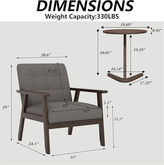 Modern Accent Chair with Wooden Table, Upholstered Linen Fabric Leisure Side Chair with Arm Rest and Wooden Frame for Living Room, Bedroom Reading (Gray)