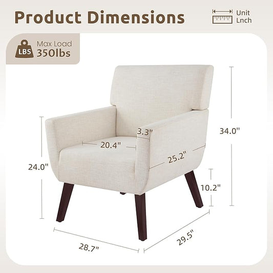Upholstered Accent Chair,Mid Century Modern Linen Fabric Small Living Room Chair with Arm,Comfy Wingback Armchair for Bedroom Reading Beige