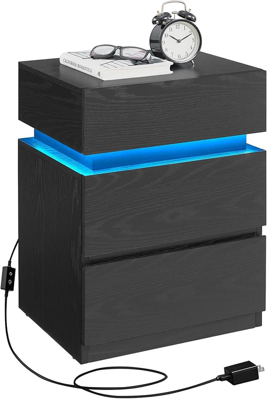 VASAGLE Nightstand with LED Lights, Adjustable Light Colors, Bedside Table, Side Table with 3 Drawers, Modern Style, 13.8 x 15.7 x 21.7 Inches, Ebony Black LET630T58