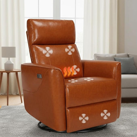 Himimi Power Recliner Chair, Swivel Recliner Chair for Adults, Glider Recliner Nursery Chair with Massage and Heat, Faux Leather, Side Pocket, USB Charging, Living Room, Bedroom, Orange-Brown