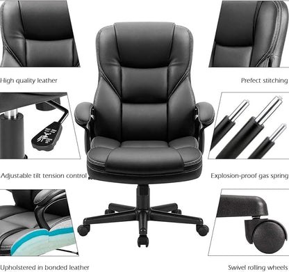 Furmax Office Executive Chair High Back Adjustable Managerial Home Desk Chair, Swivel Computer PU Leather Chair with Lumbar Support (Black)