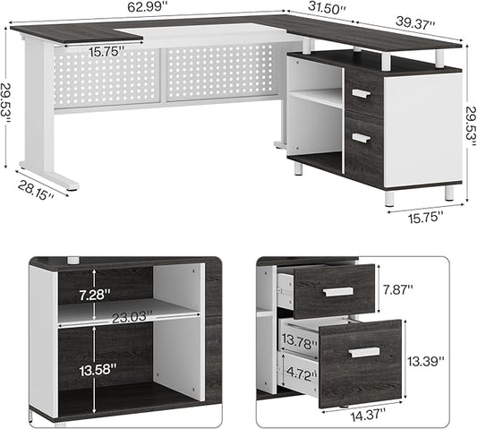 Tribesigns 63 Inch Executive Desk with File Cabinet, L Shaped Office Desk with Drawers and Storage Shelves, Business Furniture Set Workstation for Home Office, Gray and White