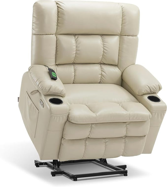 MCombo Dual Motor Power Lift Recliner Chair for Elderly, Lay Flat Lift Chair with Heat and Massage, Petite Wide Lift Chair, Cup Holders, USB A&C Ports, Faux Leather R7894 (Cream White, Small-Wide)