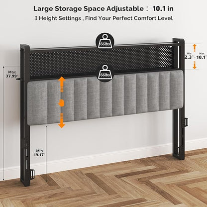 VINGLI Queen Size Headboard Only, Adjustable Upholstered Headboard with 2 Tier Shelves and Pegboard with Charging Stations and LED Lights, Modern Bed Headboard with Storage for Bedroom Decor