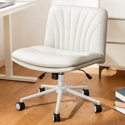 Marsail Armless-Office Desk Chair with Wheels: PU Leather Cross Legged Wide Chair,Comfortable Adjustable Swivel Computer Task Chairs for Home,Office,Make Up,Small Space,Bed Room(Balanced Beige)