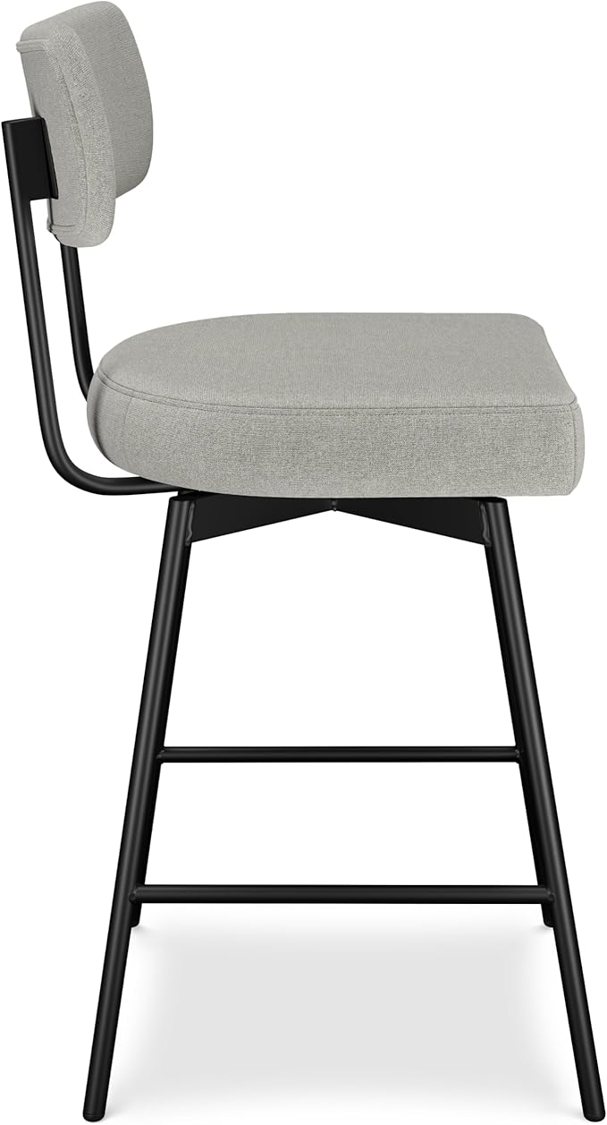 SIMPLIHOME Giselle Counter Stools (Set of 2) - 24 Inch Seat Height Swivel Upholstered Metal Kitchen Stools in Light Grey Polyester Linen, Contemporary Modern Seating with Padded Seat and Backrest