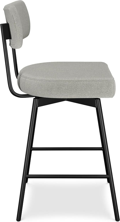 SIMPLIHOME Giselle Counter Stools (Set of 2) - 24 Inch Seat Height Swivel Upholstered Metal Kitchen Stools in Light Grey Polyester Linen, Contemporary Modern Seating with Padded Seat and Backrest