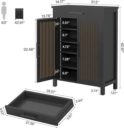 Tribesigns Shoe Cabinet, 5-Tier Shoe Storage Cabinet with Louvered Doors and Drawer, Freestanding Wooden Shoe Rack Organizer with Adjustable Shelves for Entryway, Hallway, Closet, Black