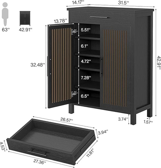 Tribesigns Shoe Cabinet, 5-Tier Shoe Storage Cabinet with Louvered Doors and Drawer, Freestanding Wooden Shoe Rack Organizer with Adjustable Shelves for Entryway, Hallway, Closet, Black