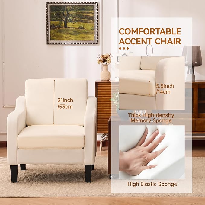 Accent Chair for Living Room, Modern Velvet Living Room Chairs with Wide Backrest, Upholstered Comfy Chair with Cushion, Oversized Sofa Chair with Wood Legs, Single Armchair, Beige