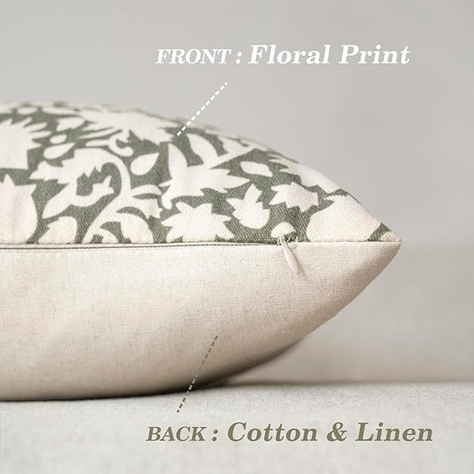 Foindtower Set of 2 Decorative Neutral Floral Throw Pillow Covers Accent Farmhouse Cushion Covers Boho Vintage Pillowcase for Couch Sofa Bedroom Living Room Home Decor,20×20 Inch,Sage Green