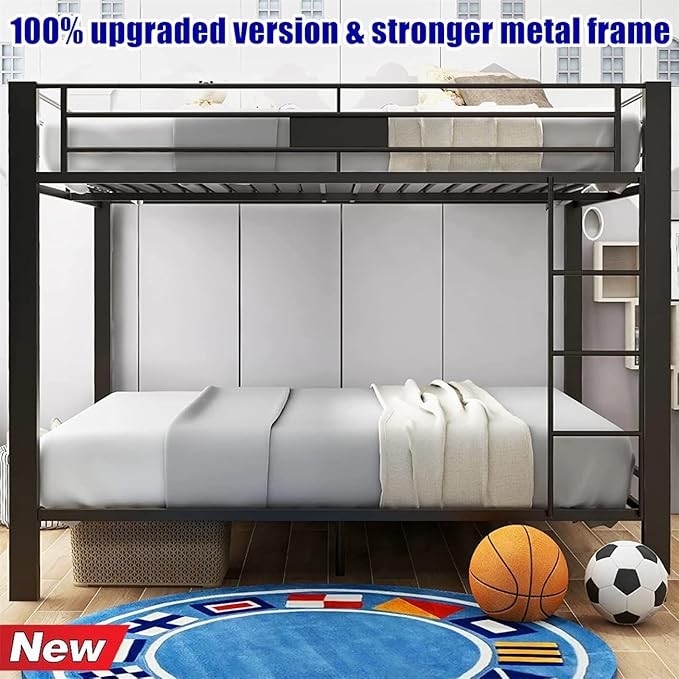 Higher Quality & Stronger Heavy Duty Industrial Style Metal Queen Over Queen Bunk Bed, Thickened More Stable Black Steel Bunkbed (Easier to Assemble)