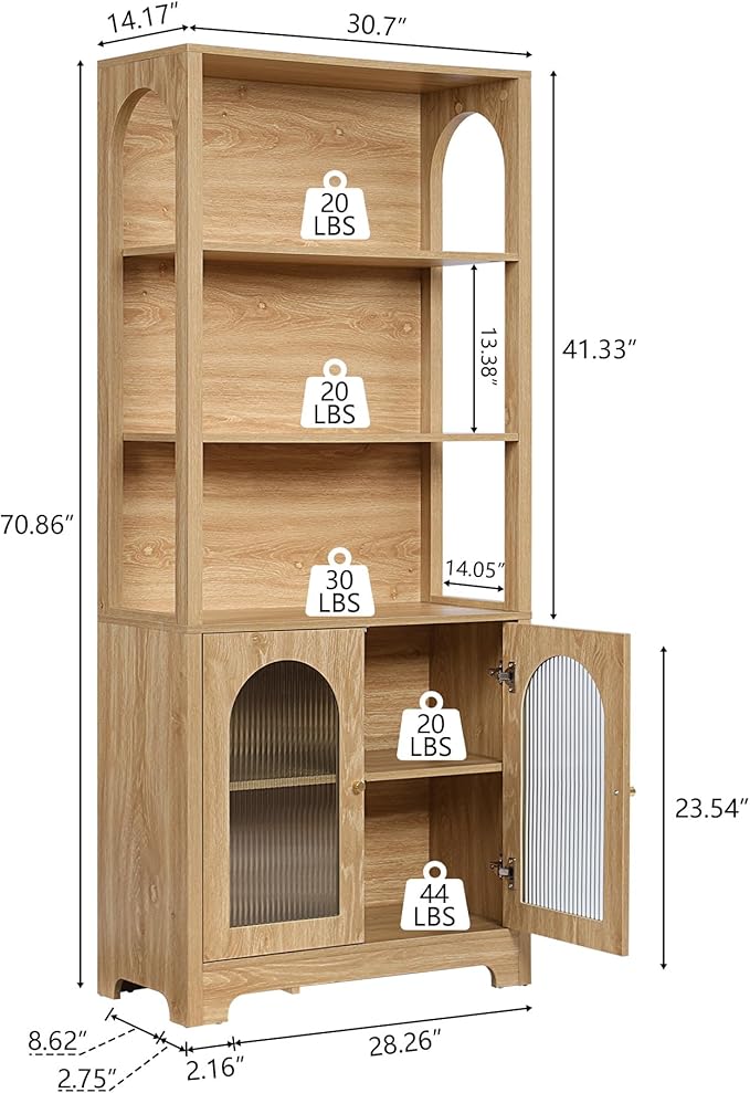 RARZOE 71" Tall Bookshelf and Bookcase, 5-Tier Arched Bookshelf with Glass Doors, Floor Standing 5 Shelf Book case, Wood Display Cabinet Storage Organizer for Living Room, Bedroom, Office(Natural)