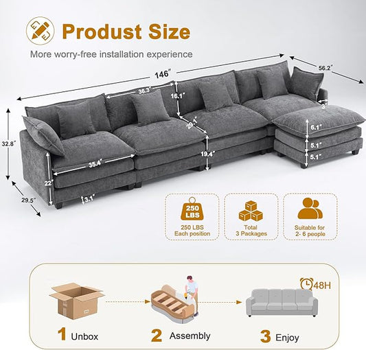 U-Shaped Cloud Chenille Sectional with 2 Ottomans, 146" Modular Sofa for Large Spaces, Ultimate Comfort with Deep Seats & Pillows, Solid Frame, 1YR Warranty