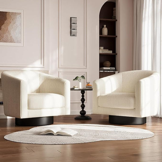 360° Swivel Accent Chairs Set of 2, Modern Bucket Chair, Corduroy Barrel Armchair, Comfy Boucle Chair, Single Sofa for Living Room Bedroom. Cream White