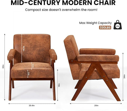 MELLCOM Mid-Century Modern Accent Leather Chair, Comfy Accent Chair with Solid Wood Frame,Upholstered Lounge Arm Chairs with Plump Cushion,Easy Assembly Reading Chair for Living Room,Bedroom,Brown