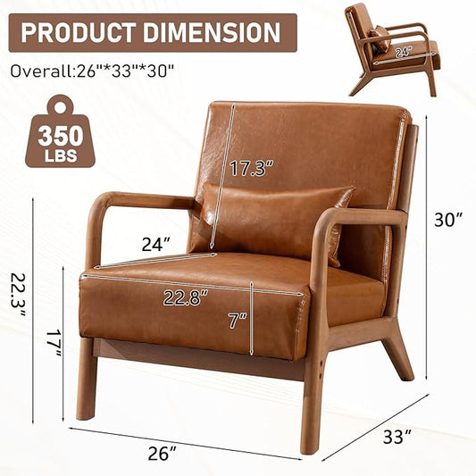 ANJHOME Mid Century Modern Accent Chairs Set of 2, PU Leather Reading Chair with Solid Wood Frame, Easy Assembly Armchair for Living Room