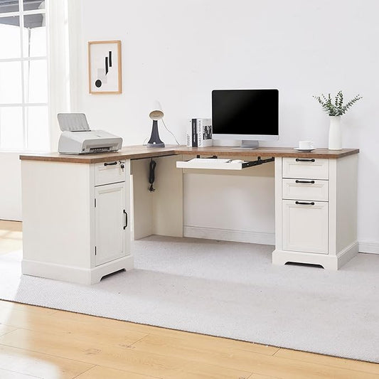 L-Shaped Executive Desk with Keyboard Tray, 69” Farmhouse Corner Desk with Lockable Drawers, Adjustable File Cabinet & Built-in Charging Station, Rustic Home Office Desk (69")