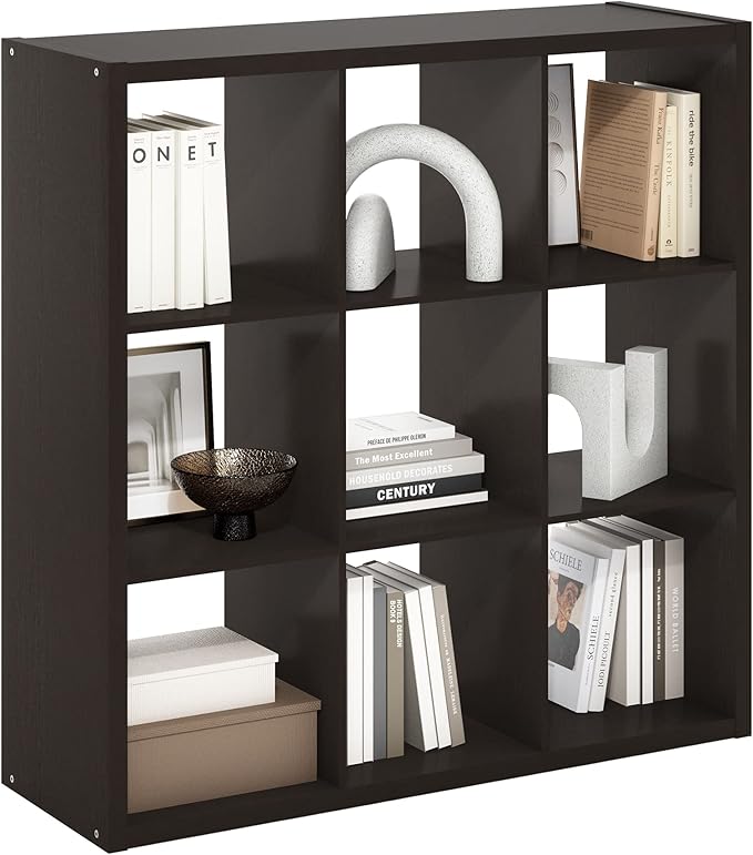 Furinno CUBICLE Book Shelf, 9-Cube Thick Frame Bookshelf, Reversible Bookcase with Open Back, 14.6 x 43.8 x 43.8, for Living Room, Bedroom, Home Office, Black Dark Oak