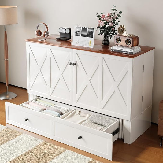 BALUS Full Size Cabinet Bed with Tri-Folding Mattress, 57’W Murphy Bed with USB Charging Station & 2 Storage Drawers, Full Murphy Cabinet Beds for Living Rooom, Apartment, Home Office, Bedroom-White