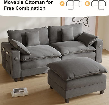 Cloud Couch, Modular Sectional Sofa with Ottoman, Charging Station, Throw Pillows, Cup Holders, Modern Convertible L Shaped Couches for Living Room, Bedroom (Grey, 80.7"- L Shape)