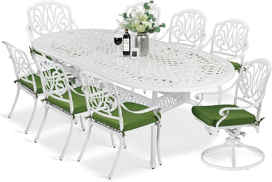 MEETWARM 9-Piece Outdoor Patio Dining Set, All-Weather Cast Aluminum Patio Conversation Set with 1 Oval Table, 2 Swivel Rocker Chairs, 6 Stationary, 8 Cushions, 2" Umbrella Hole, White