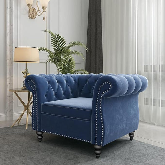 Living Room Chair, Modern Velvet Chesterfield Sofa Chair, Mid Century Single Sofa Couch Chair with Tufted Back and Rolled Arms, Accent Sofa Chair for Living Room Apartment, Blue