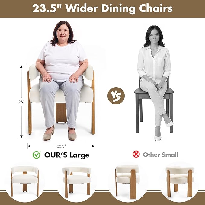 Upholstered White Velvet Dining Chairs Set of 6, Boho Modern Barrel Accent Armchairs, Thick Padded Seat & Natural Wooden Legs, Mid Century Inspired Kitchen/Dining Room Chairs, Creamy White