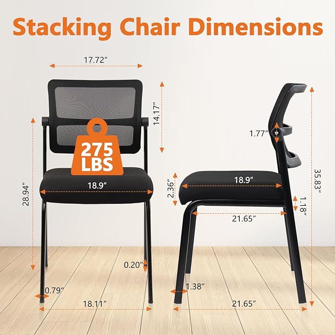 CLATINA Stacking Armless Office Waiting Room Chair with Adjustable Backrest, Mesh Stackable Guest Reception Desk Chairs with Ergonomic Lumbar Support for Home Conference Lobby Side School, Black, 4PK