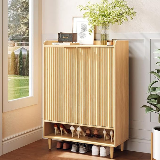 VINGLI Shoe Cabinet with Fluted Doors, 6 Tier Large Wooden Entryway Shoe Storage Cabinet with Adjustable Shelves,44.5" Tall Modern Freestanding Shoe Rack Organizer for Entryway, Hallway, Closet,Oak