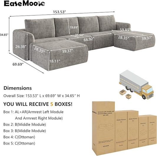 EASE MOOSE Boneless Modular Cloud Couch, Oversized U-Shaped Sectional Sofa for Living Room with Ottoman, Extra Large Movable Couches, 6-Deep-Seat Sofas for Bedroom, Apartment, Chenille (Light Grey)