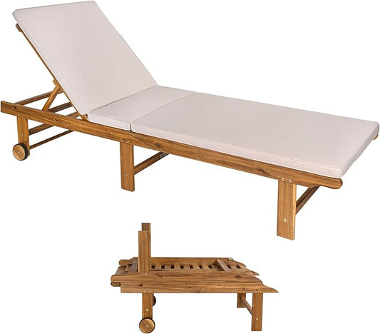 JONATHAN Y LNG1102A Mallorca 77.17"x23.62" Modern Classic Foldable Adjustable Wood Chaise Outdoor Lounge Chair with Cushion & Wheels, for Pool, Deck, Poolside, Beige/Natural