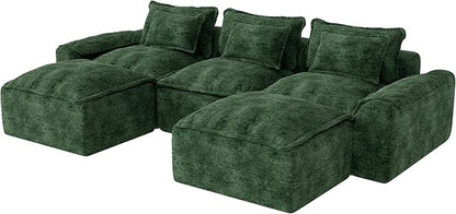 Hobestluk 120" Cloud Modular Sectional Couch 3-Seater Sofa with Ottomans U Shaped Couch Deep Seat Sofa with Removable Cover Large Sofa for Living Room (Green, 3-Seater Sofa with Two Ottomans)