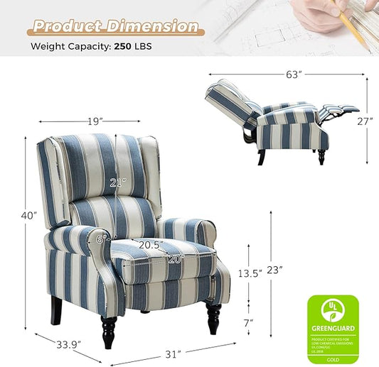 HULALA HOME Upholstered Wingback Recliner Chair Set of 2, Small Adjustable Footrest Push Back Single Reclining Sofa, Mid Century Modern Lounge Armchair for Living Room, Bedroom, Reading/Stripe Navy