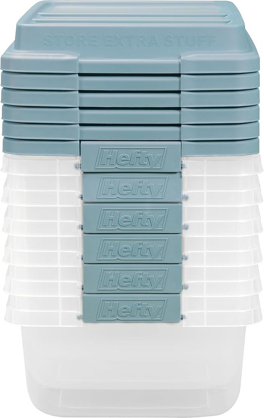 Hefty HI-RISE 18 Qt Plastic Storage Bins with Lids, 8 Pack Clear Stackable Containers with Secure Latching Handles, Under Bed Storage Boxes for Clothes, Shoes, Toys, Closet Organization