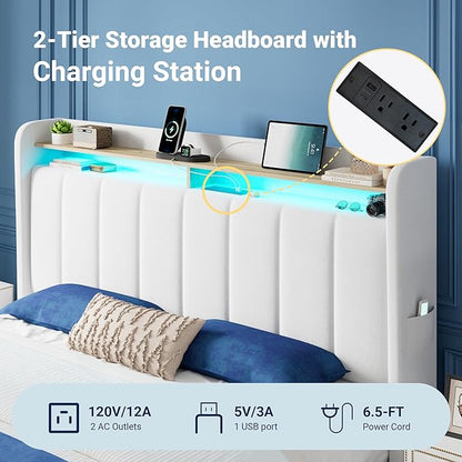 Allewie Velvet Vertical Tufted Queen Upholstered Platform Bed Frame with 2-Tier LED Storage Headboard & 2 Storage Drawers, USB & Type-C Charging Ports, Noise-Free/No Box Spring Needed, White