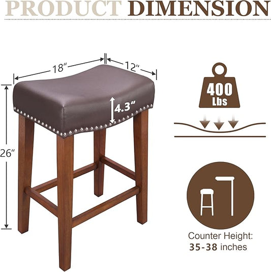 PrimeZone Counter Height Bar Stools Set of 2 - Backless Saddle Barstools with 4.3" Thick Upholstered, Nailhead Trim Faux Leather & Solid Wood Legs, 26 Inch Counter Stools for Kitchen Island, Brown
