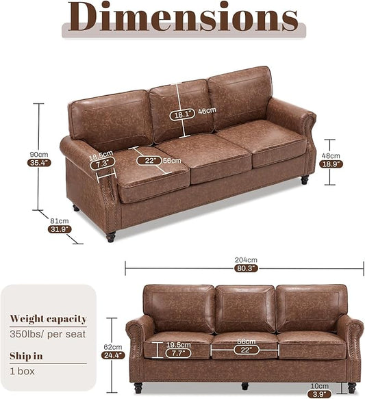 Kingfun Mid-Century Modern Couch, Faux Leather Sofa, 3 Seater Couch for Living Room with Rolled arms & Nailhead Trim, Dark Brown