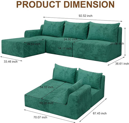JSLOVE Modular L-Shape Sectional Sofa with Chaise, 3 Seat Movable Boneless Cloud Couch in One Box, Sofa Couch Bed with Ultra-Soft Corduroy Fabric, No Assembly Required for Living Room, Bedroom(Green)