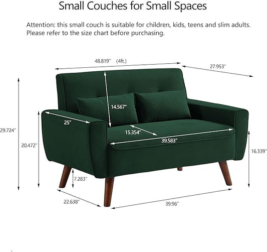 48.8" Small Loveseat Sofa, Mid Century Modern Love Seat Couch with Back Cushions and Plastic Legs, 2 Seater Couches for Living Room, Bedroom, Small Spaces, Green