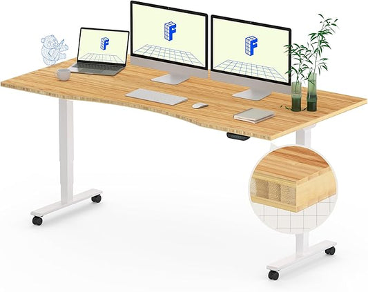 FLEXISPOT E6 MAX Bamboo 60x30 Inch Dual Motor 3-Stage Heavy Duty Standing Desk, 330lbs Weight Capacity, Height Adjustable Desk w/Cable Management & Wheels (Solid Bamboo Curved Desktop + White Frame)