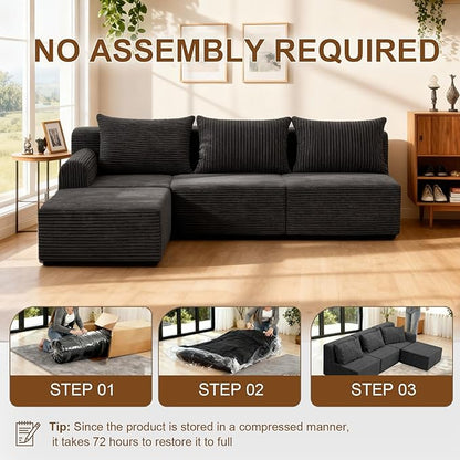 JSLOVE Modular L-Shape Sectional Sofa with Chaise, 3 Seat Movable Boneless Cloud Couch in One Box, Sofa Couch Bed with Ultra-Soft Corduroy Fabric, No Assembly Required for Living Room, Bedroom(Black)