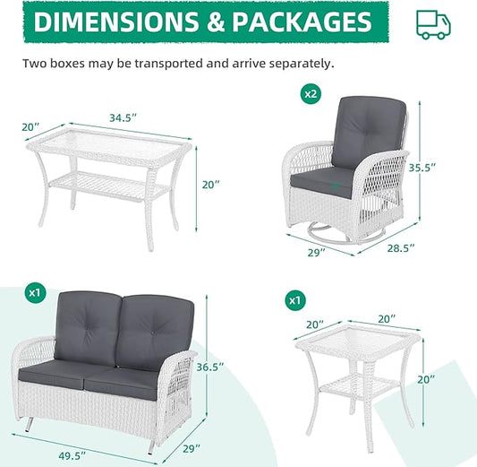 VIVIJASON 5-Piece Outdoor Patio White Wicker Conversation Sets, All Weather Outdoor Rattan Furniture Set Includes Glider Loveseat, 2 Coffee Table, 2 Swivel-Gliders Chairs with Cushions, Grey