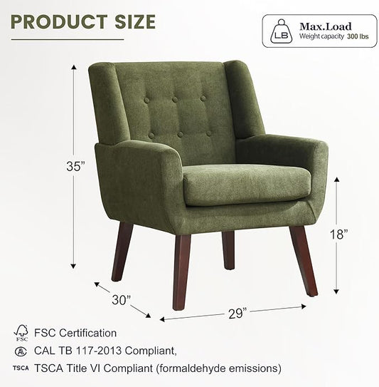 Accent Chairs for Living Room,Button-Tufted Upholstered Armchair with Wooden Legs,Comfy Mid Century Modern Chair for Bedroom Apartment Waiting Room Green